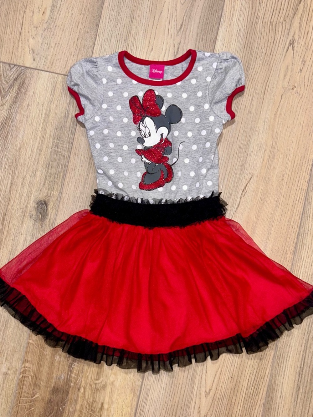 Disney Gray Polka Dot Minnie Top with Red Glitter Bow